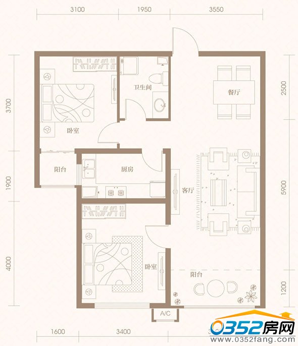 御河九號13號樓97平米戶型平面圖
