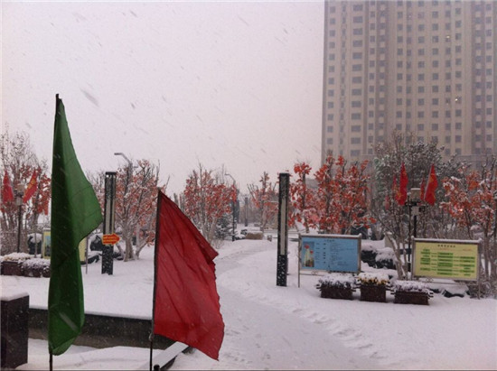 大雪漫天中的御河九號(hào)售樓處外景